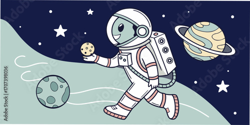 Joyful astronaut exploring planets and stars holding a cookie, perfect for educational or whimsical projects.