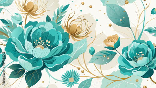 Vector art of seamless pattern with turquoise peonies and golden leaves on
