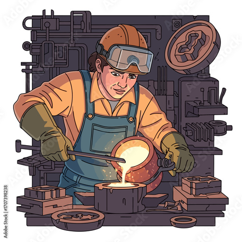 Skilled craftsperson meticulously pouring molten metal into molds at industrial workshop
