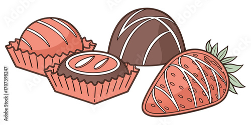 Indulgent chocolate treats and a vibrant strawberry creation evoke sweet delight and festive celebrations