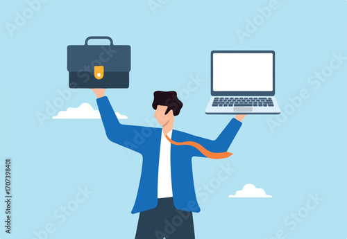 Flat illustration of businessman hold briefcase laptop balance main job side hustle freelancer salary man managing dual work role