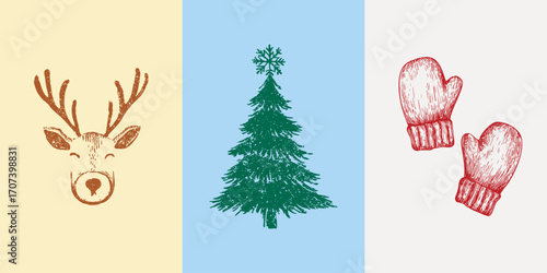 Minimalist line art Christmas illustration with reindeer head, pine tree and cozy winter mittens drawn in crayon sketch style.