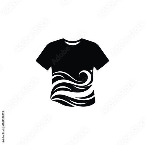 Vector icon of a black t-shirt with an elegant swirling wave pattern. Concept for surf wear, summer fashion, and custom apparel printing