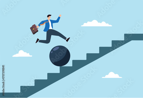 Flat illustration of businessman jump over falling boulder on staircase overcoming obstacle to success