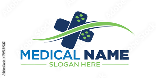 Modern medical logo design with healthcare symbols and vibrant green swoosh for innovative branding