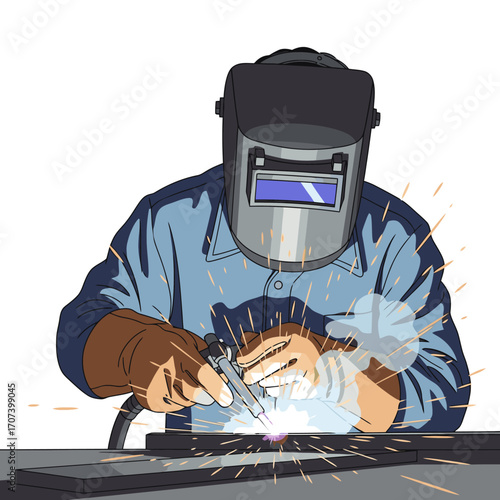 Skilled welder in protective gear creating sparks while joining metal with precision