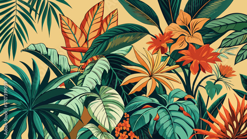 Vector art of lush tropical foliage and vibrant flowers create a colorful botanical arrangement