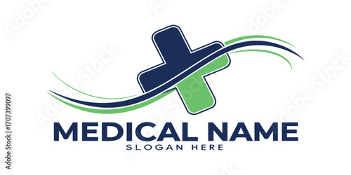 Modern medical healthcare cross logo design with abstract flowing waves for clinic or hospital branding