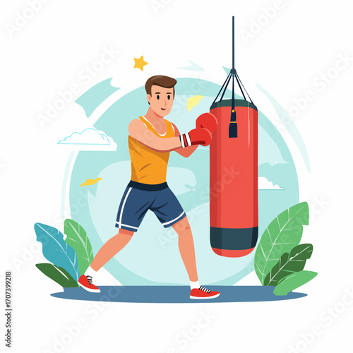 Colorful vector scene of a boxer training with a punching bag in a gym, sweat flying, focus and determination in facial expression
