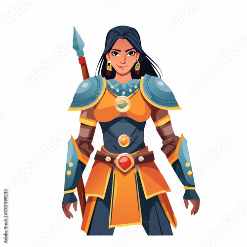 Vector illustration of a traditional samurai warrior in full armor, standing with a katana, bold lines and rich colors