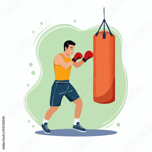 Colorful vector scene of a boxer training with a punching bag in a gym, sweat flying, focus and determination in facial expression
