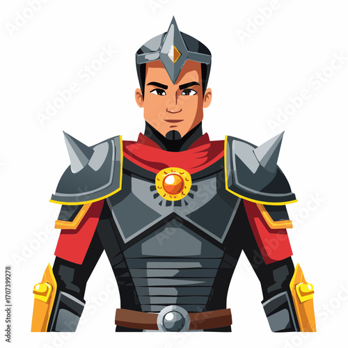 Detailed full-color vector of a fantasy warrior fighter with spiked armor and glowing eyes, standing in battle-ready position