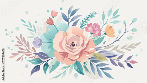 Vector art of watercolor floral arrangement with rose and leaves