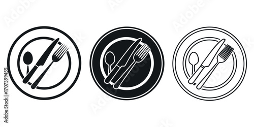 Modern elegant icons for dining, restaurants, and food services with clear cutlery and plate visuals