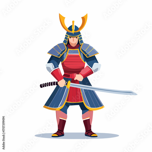 Vector illustration of a traditional samurai warrior in full armor, standing with a katana, bold lines and rich colors