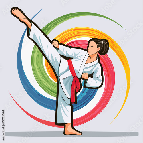 Vector art of a female martial artist performing a high kick, dressed in a traditional karate gi, with motion lines and full-color background