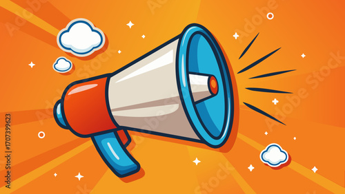 Vector art of cartoon megaphone with clouds on orange background for marketing campaign