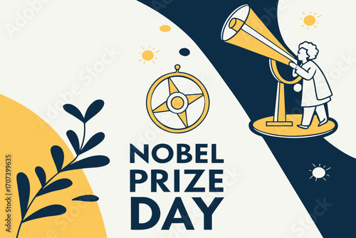 Nobel Prize Day celebration. Golden medal, laurel wreath, and symbols of science, literature, and peace. Flat vector illustration.

