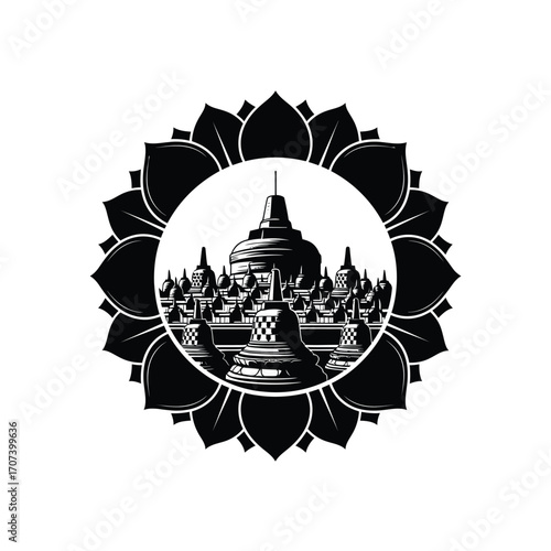 Elegant silhouette of a grand Buddhist temple monument with stupas, framed by a spiritual sacred lotus flower emblem