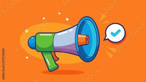 Vector art of cartoon megaphone with checkmark on orange background for marketing campaign