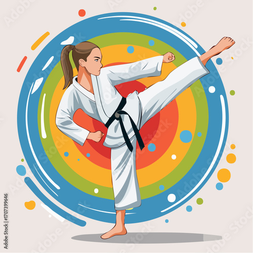 Vector art of a female martial artist performing a high kick, dressed in a traditional karate gi, with motion lines and full-color background