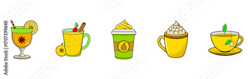 Colorful Line Icon Set of Hot Beverages — Pumpkin Spice Latte, Hot Chocolate, Apple Cider, Mulled Wine, Herbal Tea