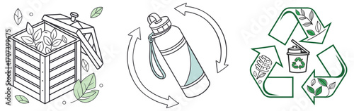 Minimal Line Vector Icons of Eco Sustainability and Circular Economy — Recycling, Zero Waste, Compost, Refill and Carbon Neutral Symbols
