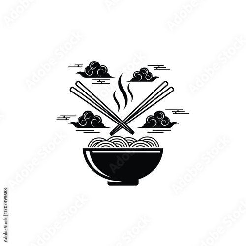 Elegant black and white vector illustration of a steaming hot bowl of Asian noodles with chopsticks, framed by stylized clouds for a minimalist food logo concept