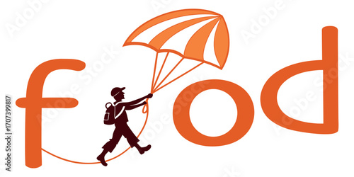 Adventurous person parachuting into delicious food concept for exciting culinary experiences and delivery