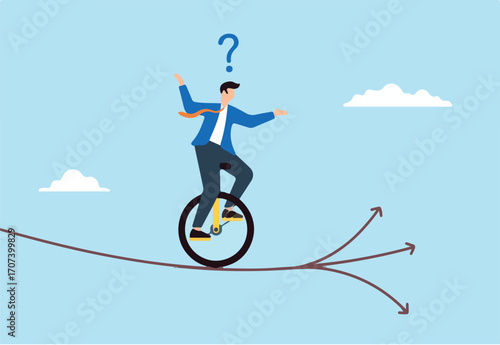 Flat illustration of businessman acrobat with one wheel bicycle chooses direction at crossroad symbolizing career decision-making