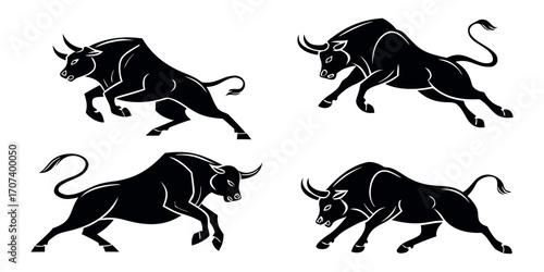 Four Dynamic Bull Silhouettes