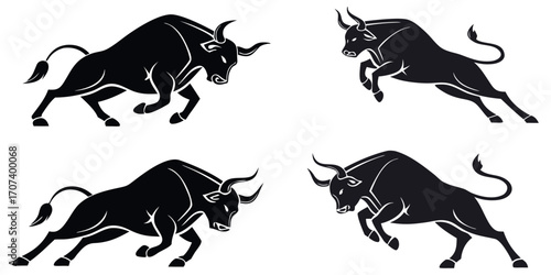 Set of Dynamic Raging Bull Silhouettes