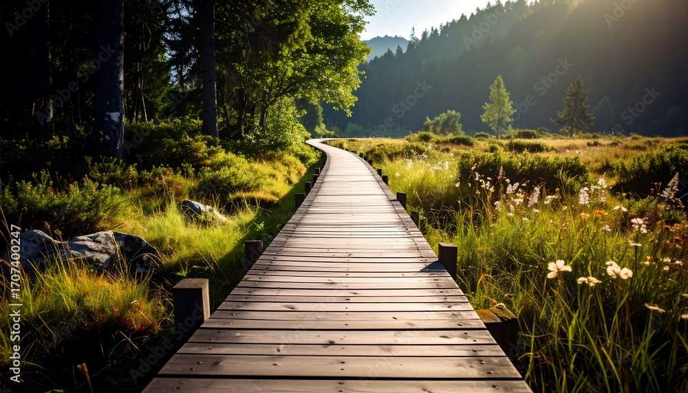 Fototapeta premium Wooden path through a serene forest