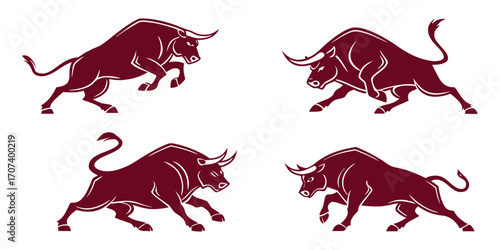 Four Stylized Charging Bull Illustrations