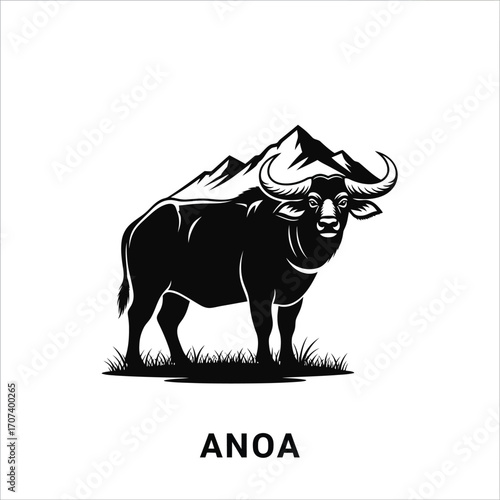 A powerful black and white illustration of a dwarf buffalo, or anoa, standing in a grassy field with majestic mountains in the background