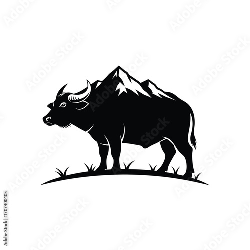 Elegant graphic logo design featuring a strong water buffalo with its back forming a majestic mountain range silhouette, symbolizing nature's power and resilience