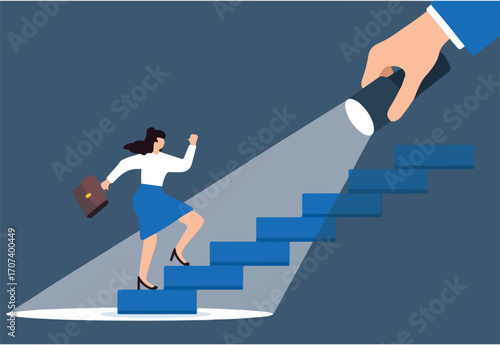 Flat illustration of businesswoman step up staircase illuminated by flashlight career guidance spotlight to success discover talent job candidate