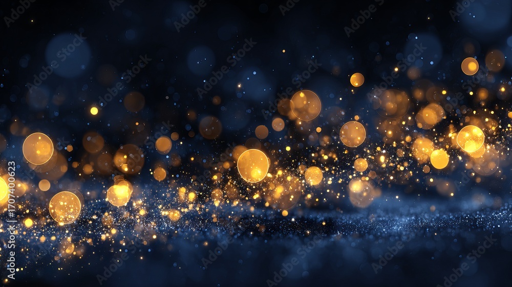 Obraz premium Dreamy holiday illumination with glowing Christmas garland lights on dark blue background featuring large soft bokeh orbs festive backdrop for greeting cards banners web headers and seasonal designs