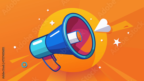 Vector art of blue megaphone with sound waves on orange background for announcement