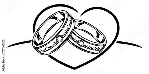 Elegant wedding rings entwined within a classic heart symbol, perfect for invitations and romantic celebrations