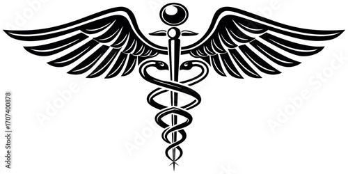 Striking Caduceus symbol with wings and serpents represents healthcare, commerce, and medicine with elegant style