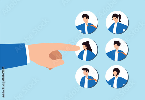 Flat illustration of giant finger pointing at chosen candidate employee recruitment job hiring new position choose hr human resources interview talent headhunter