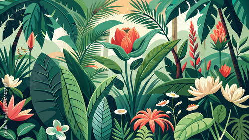 Vector art of lush tropical foliage and exotic flowers in a vibrant jungle scene