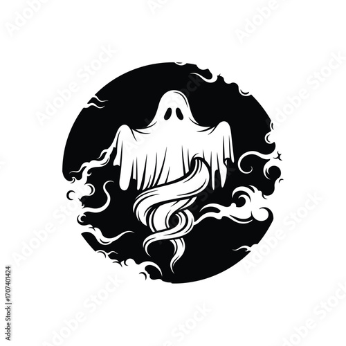 Eerie white ghost illustration with a scary face, floating amidst swirling smoke in a black circle for Halloween horror themes
