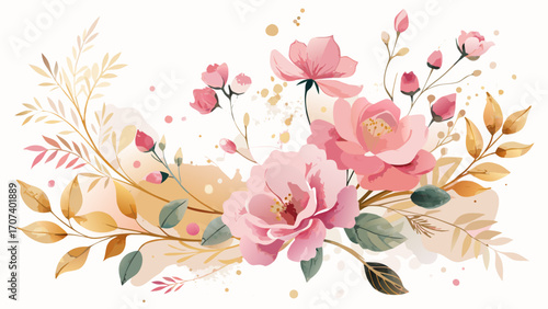 Vector art of beautiful watercolor floral arrangement with pink roses