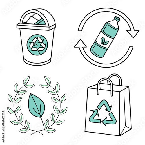 Minimalist Vector Icon Set on Sustainability and Circular Economy — Compost Bin, Refill Bottle, Recycling Arrows, Carbon Offset and Zero Waste Symbols