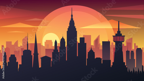 Vector art of city skyline silhouette at sunset with warm colors and a large sun