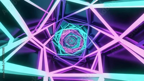 Digital sci-fi vortex of glowing geometric shapes and endless pentagonal patterns for a futuristic animated background