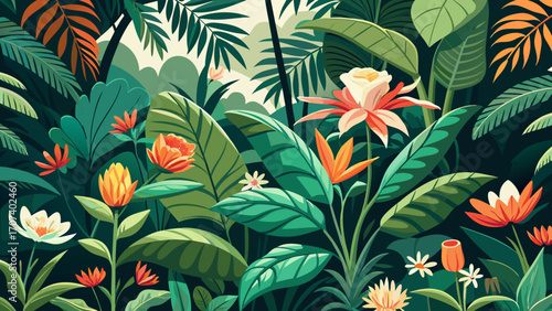 Vector art of lush tropical garden with vibrant flowers and foliage in a flat design style