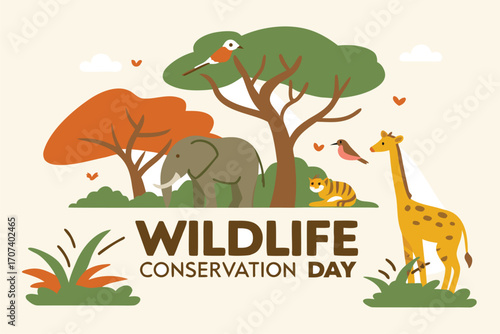 Wildlife Conservation Day. Diverse wild animals in harmony with lush nature, trees, and sun. Flat vector illustration.

